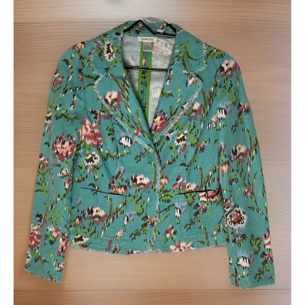 Harolds S~2 Jacket Green Floral BOHO Hippie Button Front Linen Blend Pink Flower